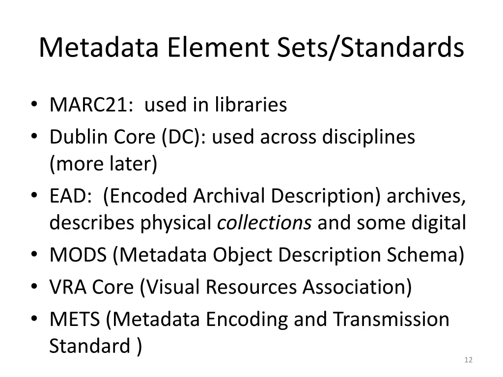 metadata element sets standards