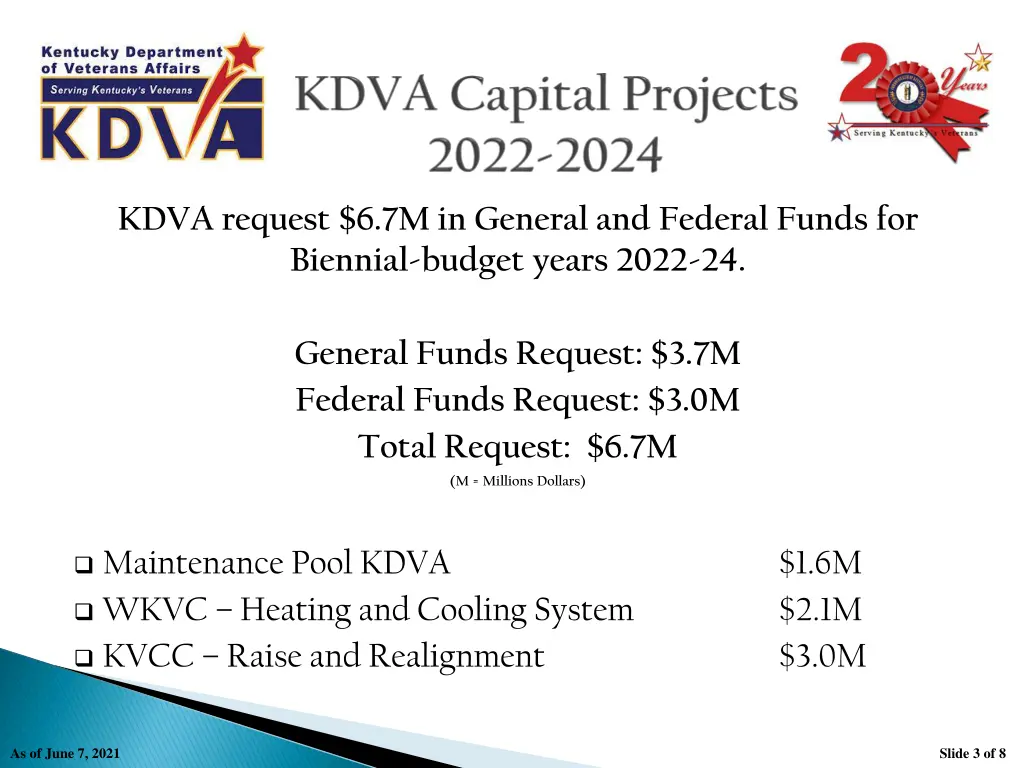 kdva request 6 7m in general and federal funds