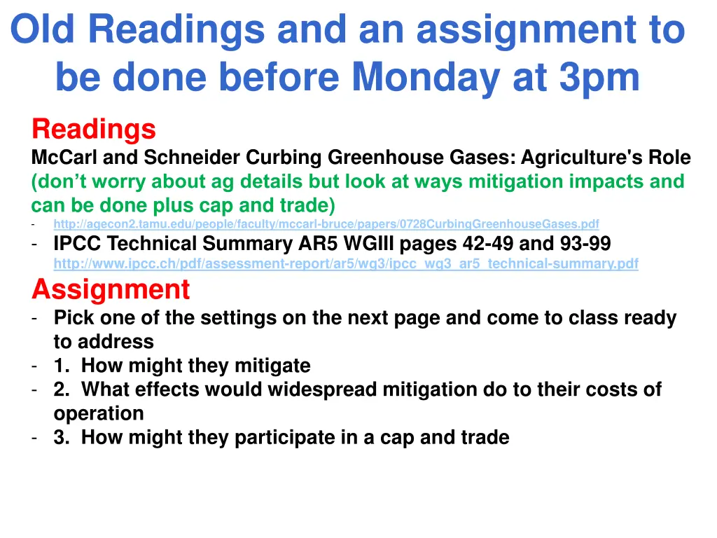 old readings and an assignment to be done before