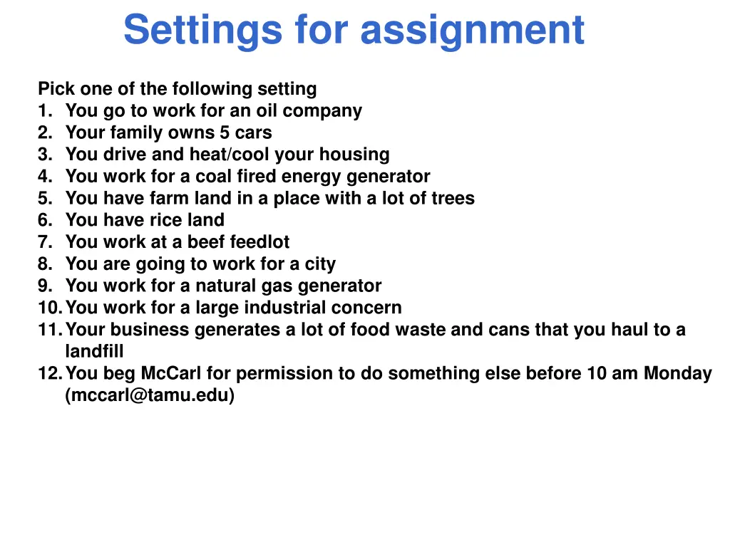 settings for assignment