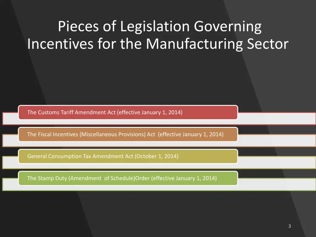 pieces of legislation governing incentives
