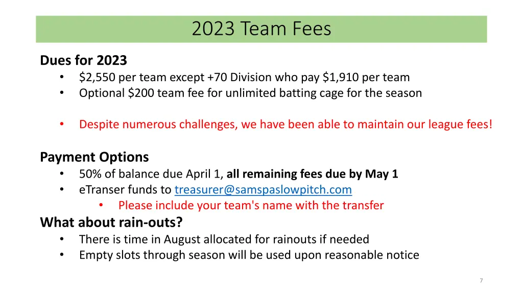 2023 team fees