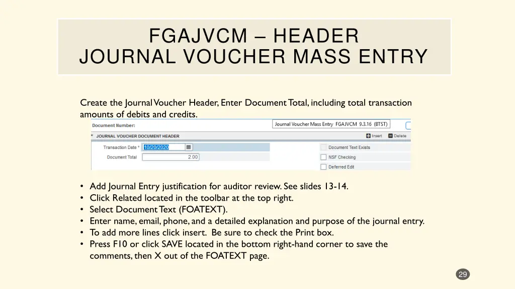 fgajvcm header journal voucher mass entry