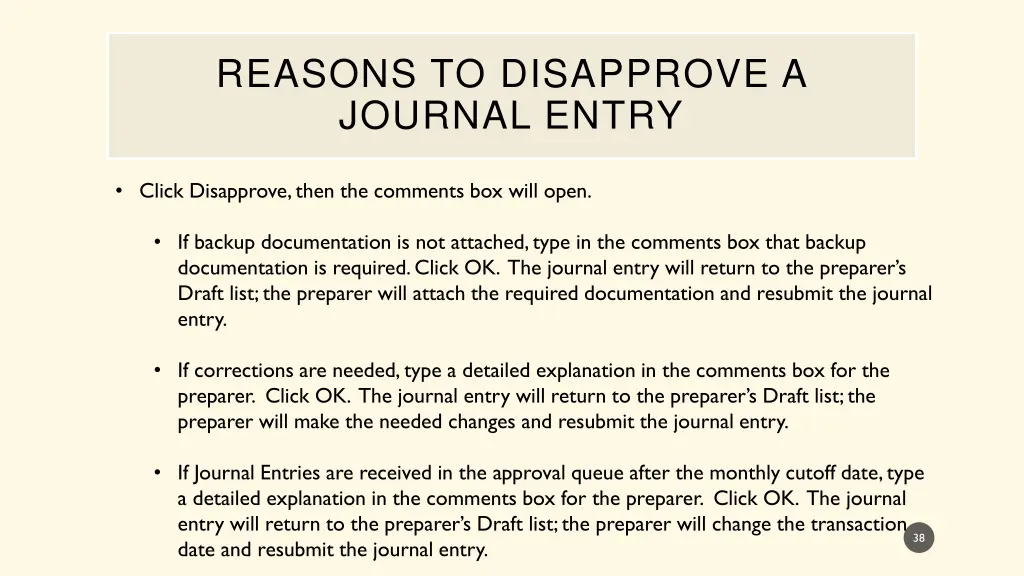 reasons to disapprove a journal entry