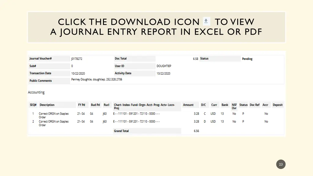 click the download icon to view a journal entry