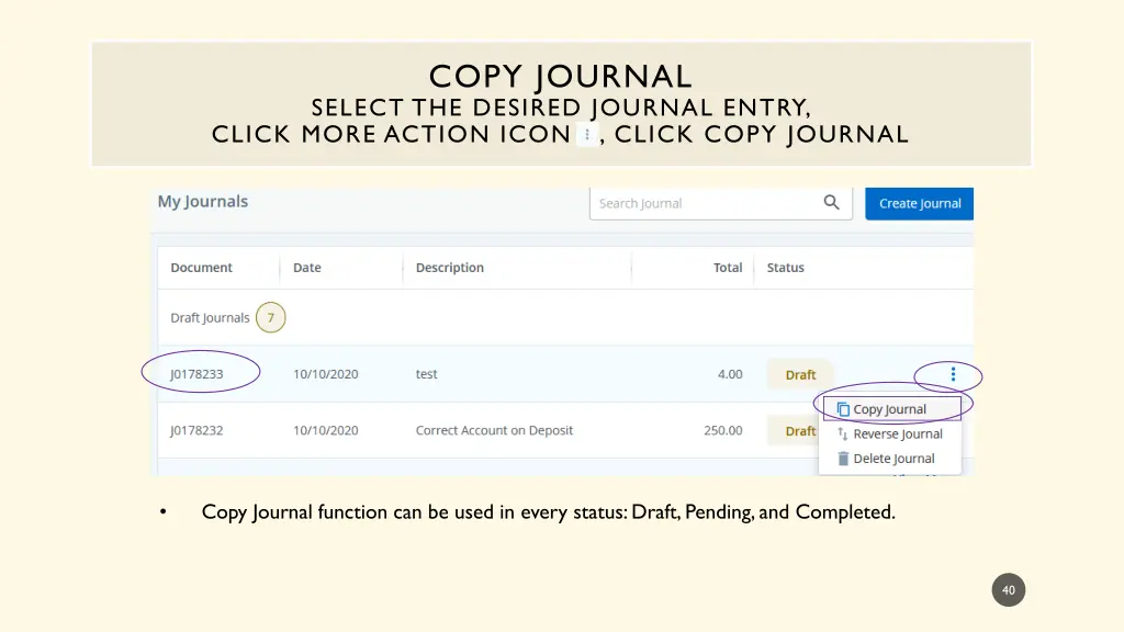 copy journal select the desired journal entry