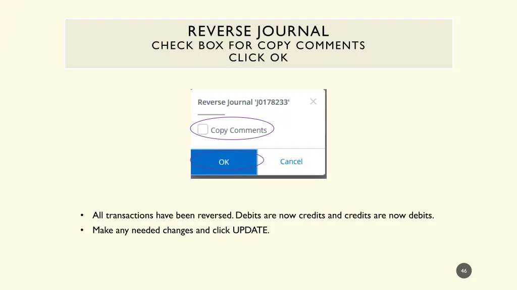 reverse journal check box for copy comments click