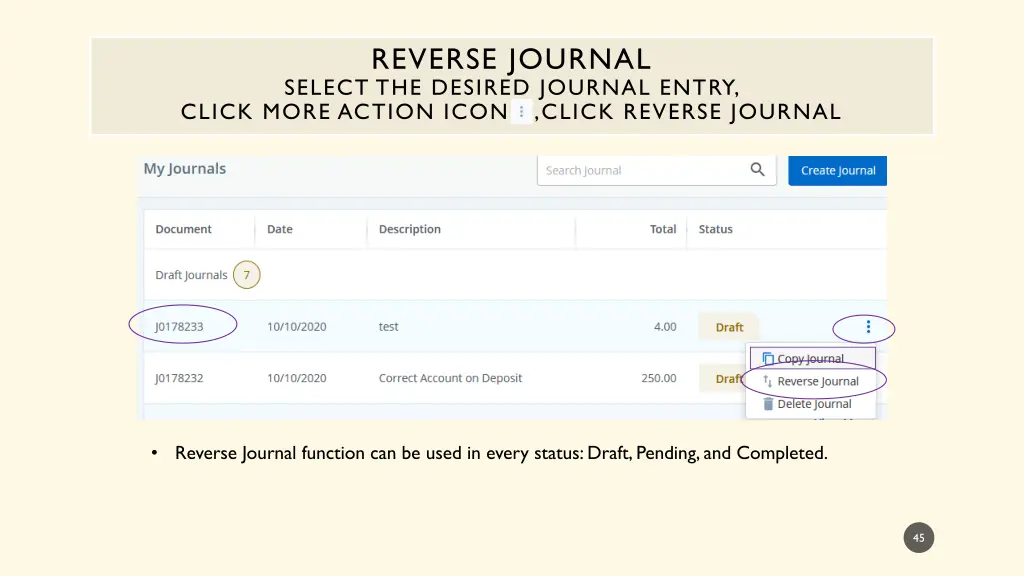 reverse journal select the desired journal entry