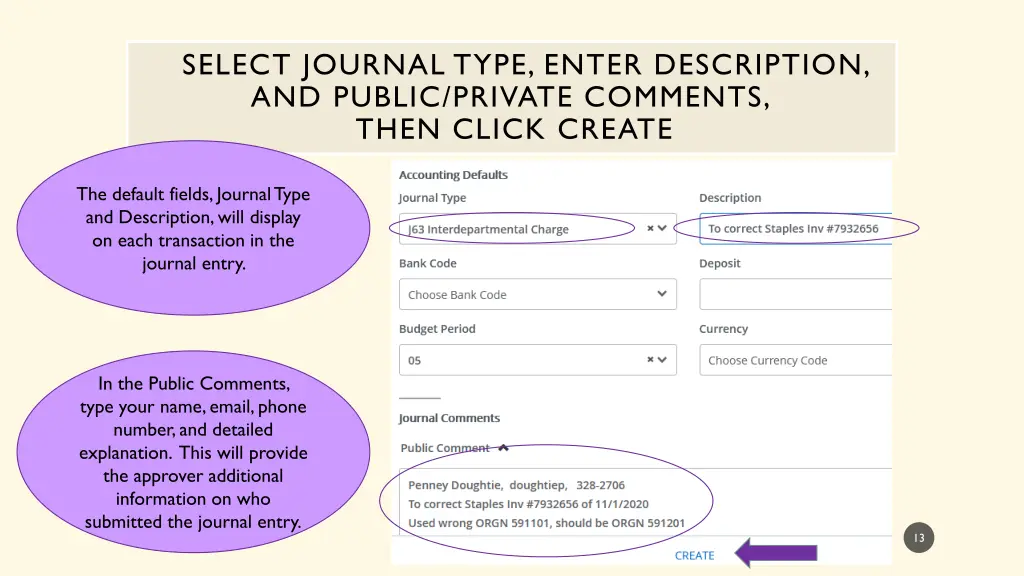 select journal type enter description and public