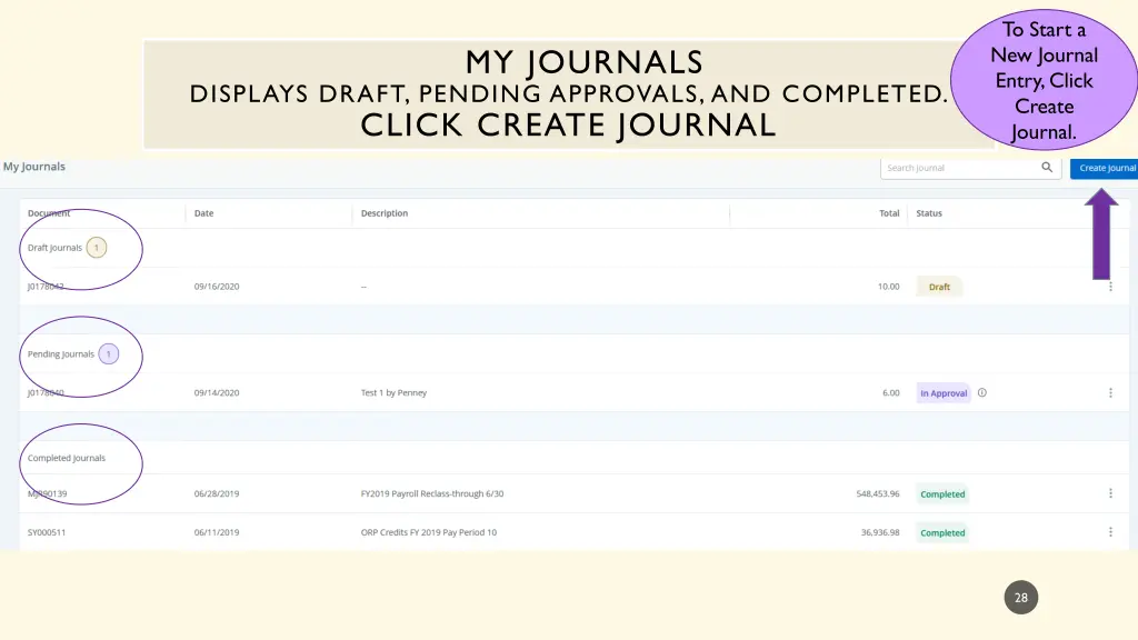 to start a new journal entry click create journal 1