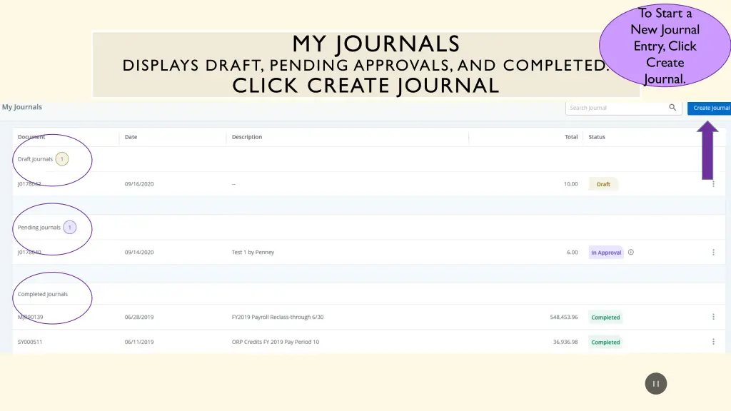 to start a new journal entry click create journal