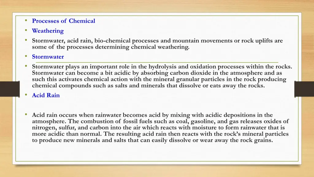 processes of chemical weathering stormwater acid