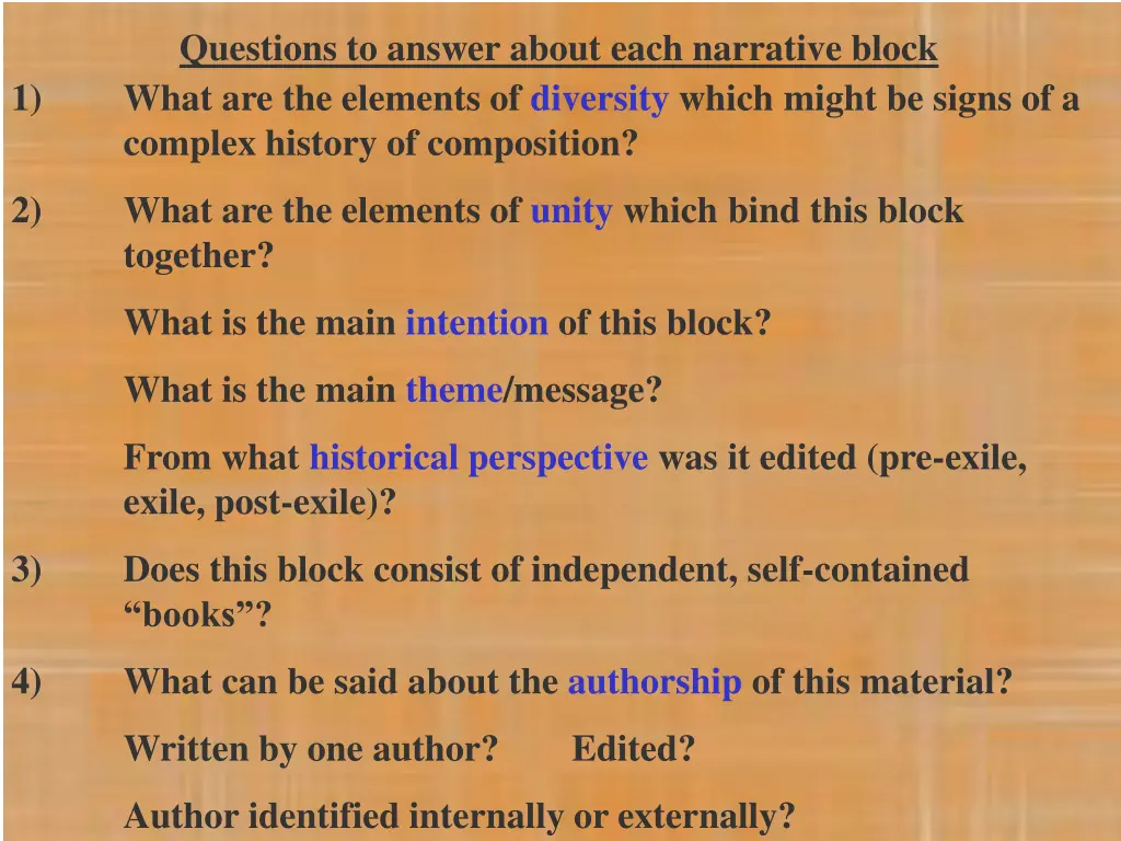 questions to answer about each narrative block