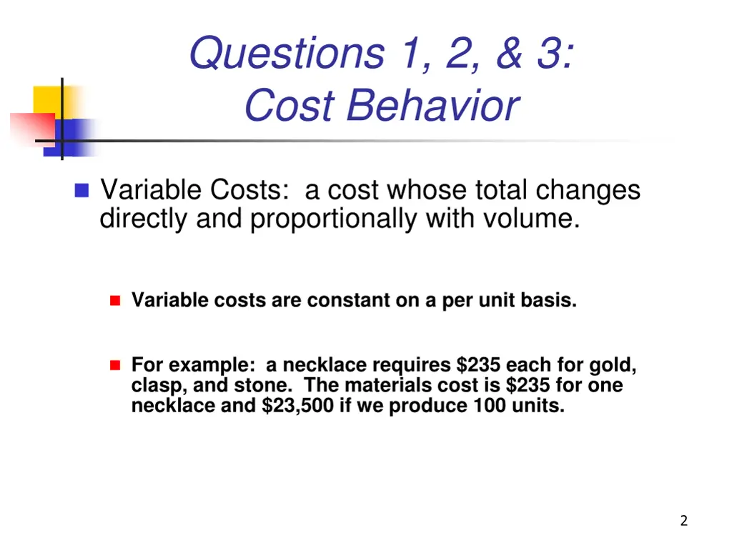 questions 1 2 3 cost behavior