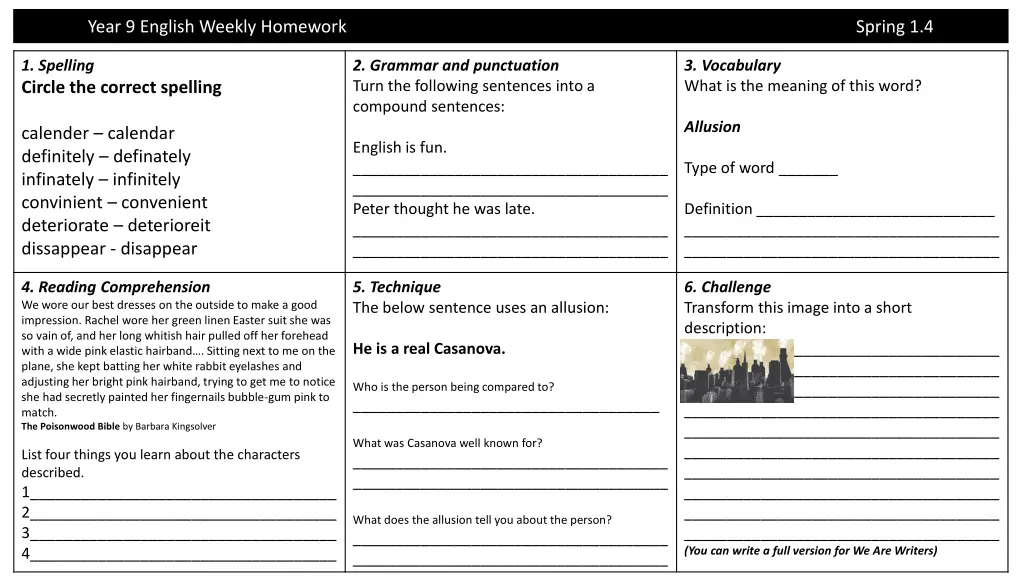 year 9 english weekly homework 4