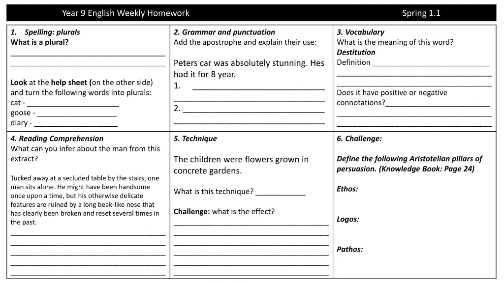 year 9 english weekly homework