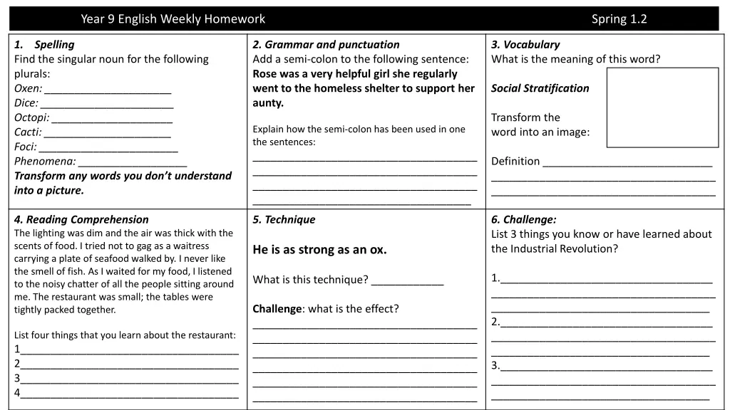 year 9 english weekly homework spring 1 2