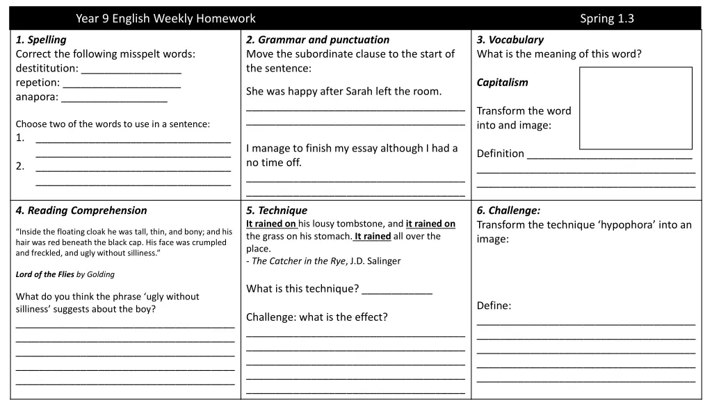 year 9 english weekly homework spring 1 3
