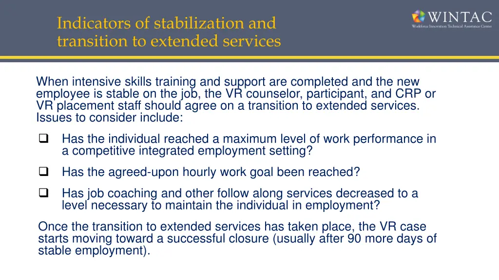 indicators of stabilization and transition