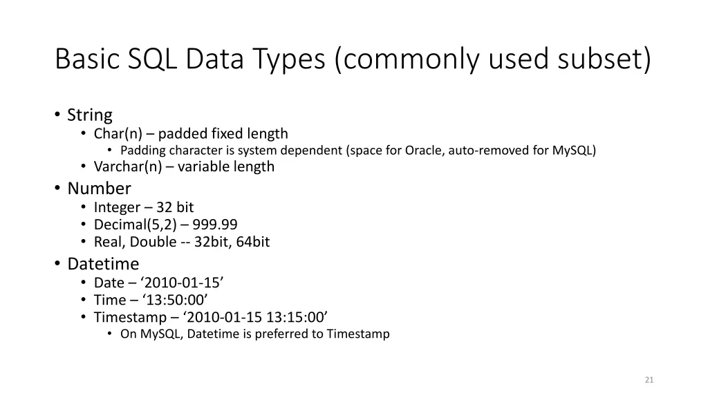 basic sql data types commonly used subset