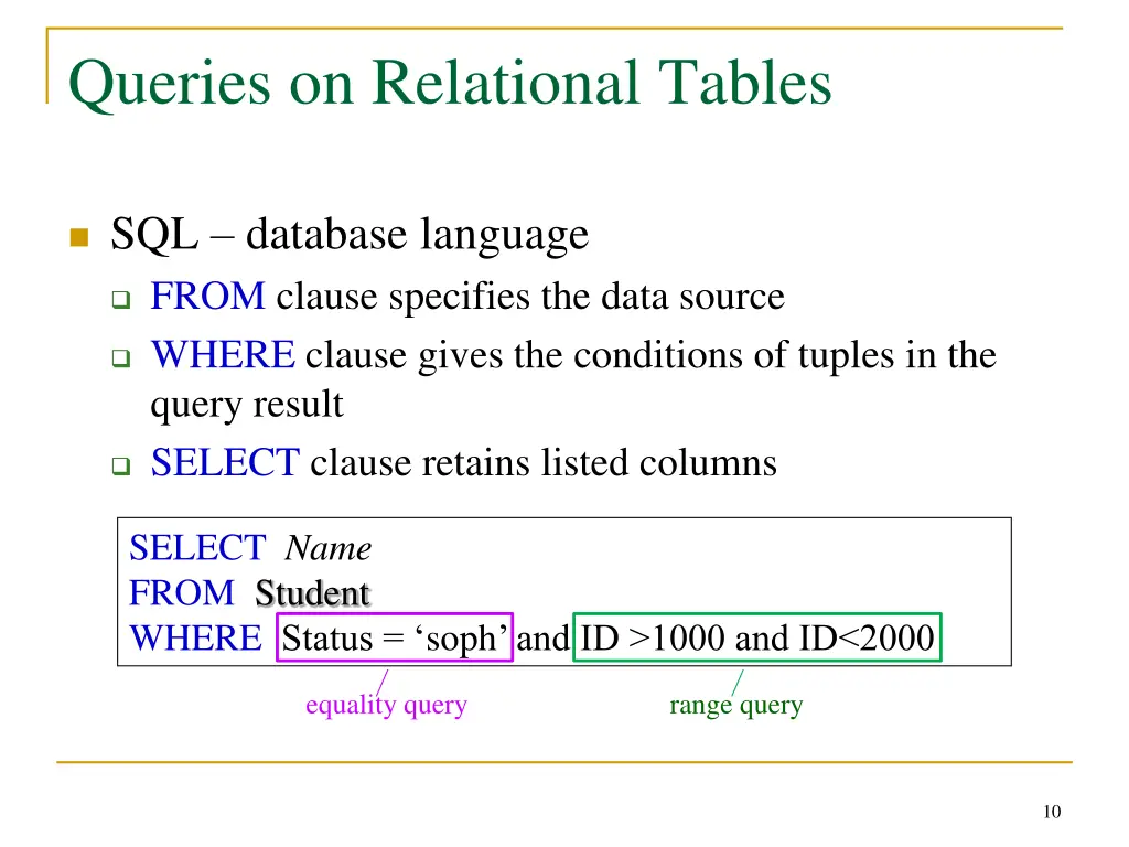 queries on relational tables