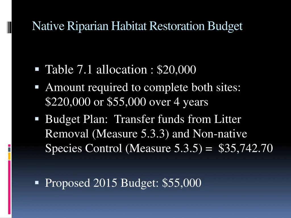 native riparian habitat restoration budget