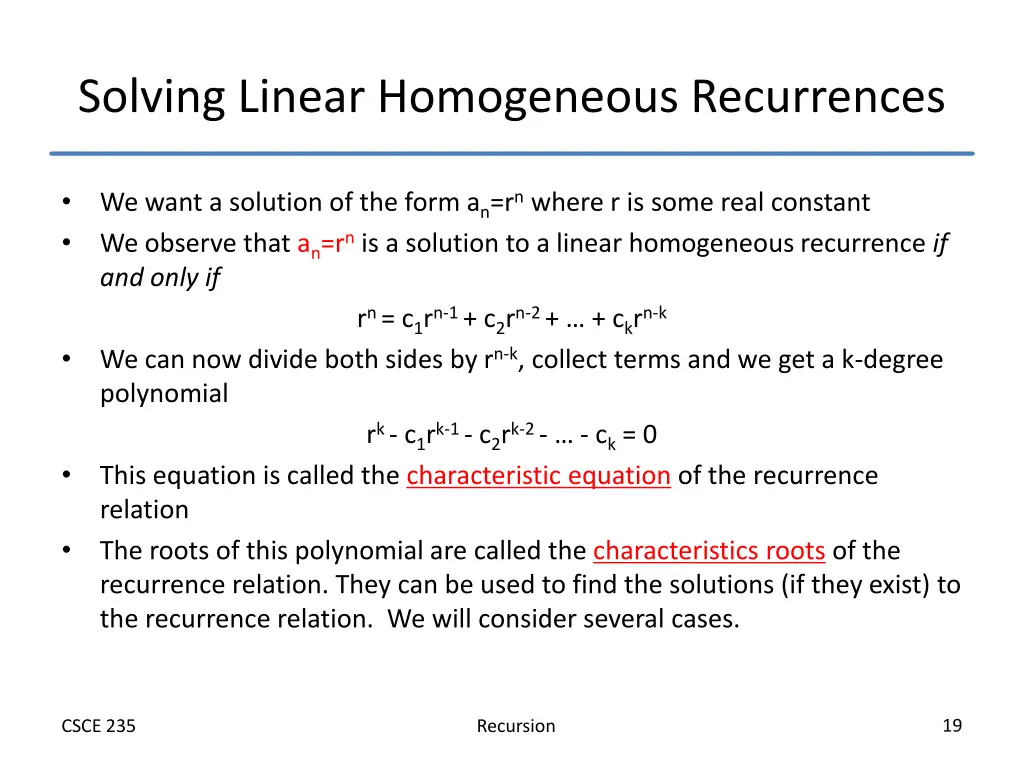 solving linear homogeneous recurrences