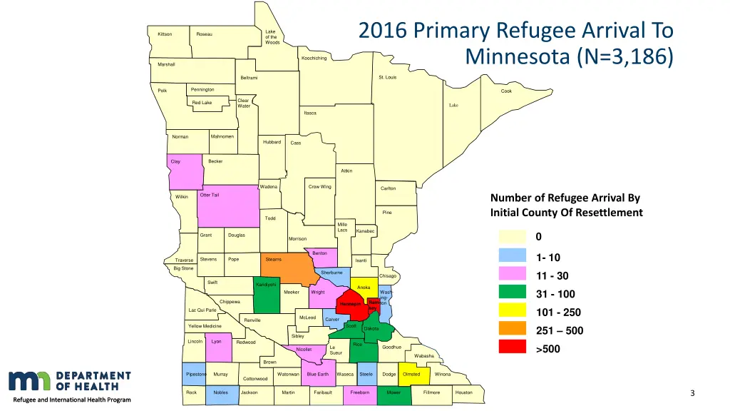 2016 primary refugee arrival to minnesota n 3 186