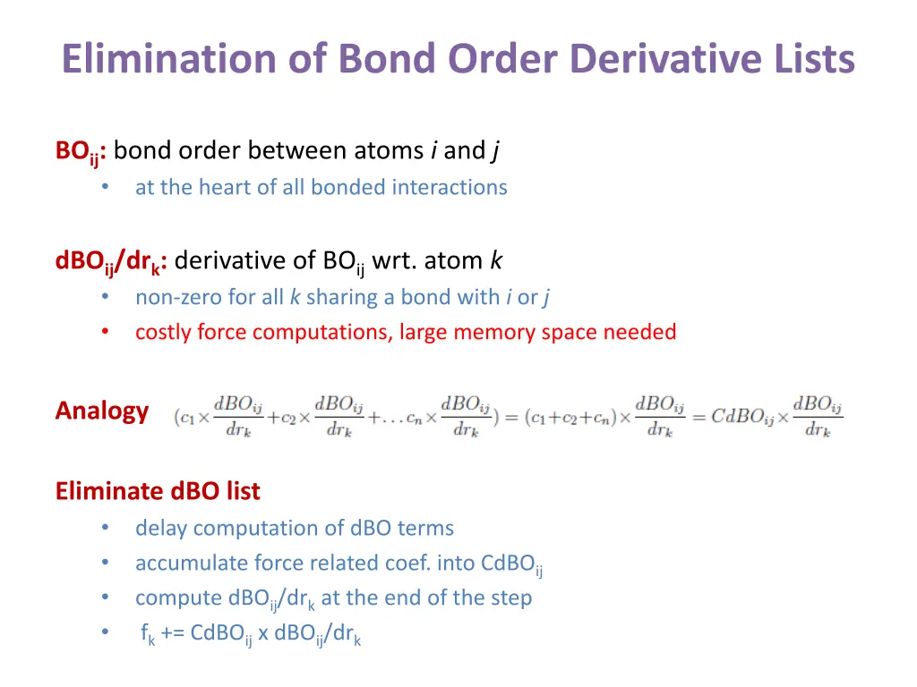 elimination of bond order derivative lists