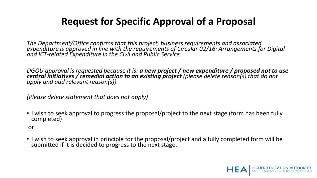 request for specific approval of a proposal