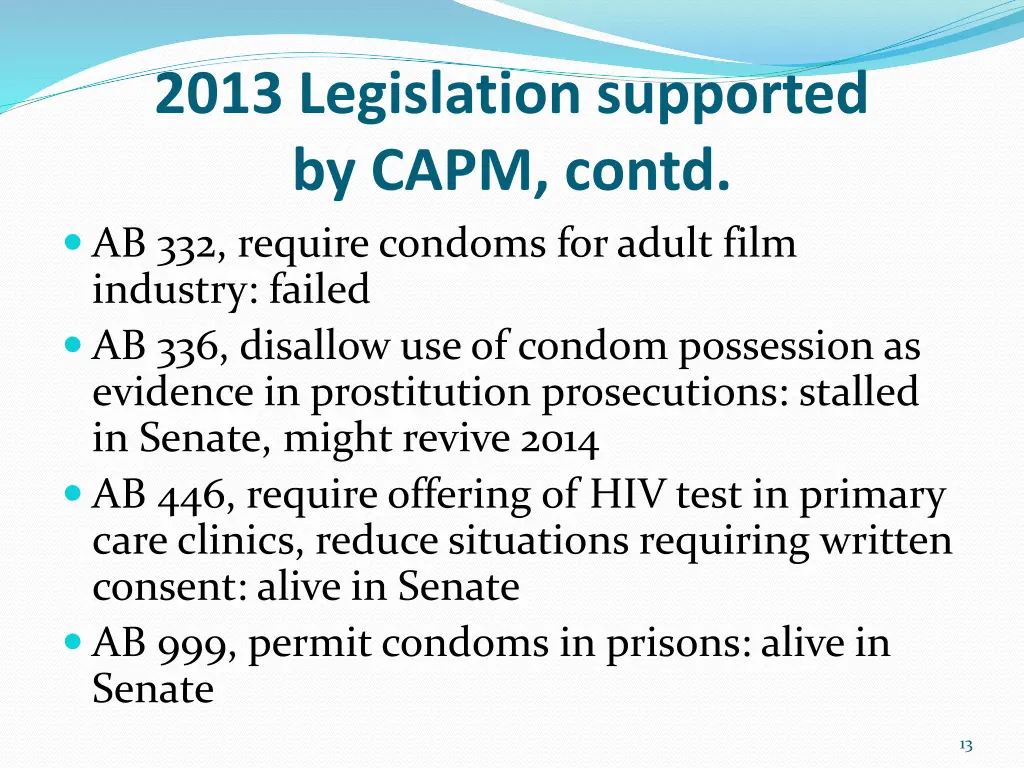 2013 legislation supported by capm contd