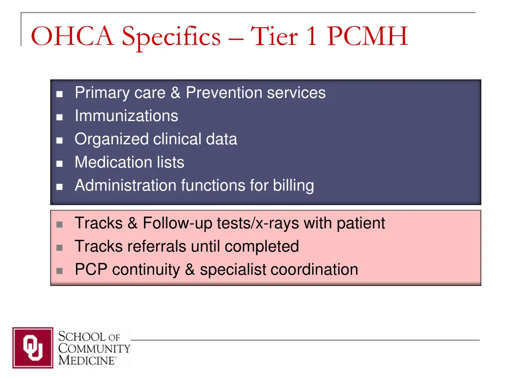 ohca specifics tier 1 pcmh