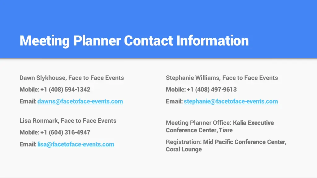 meeting planner contact information