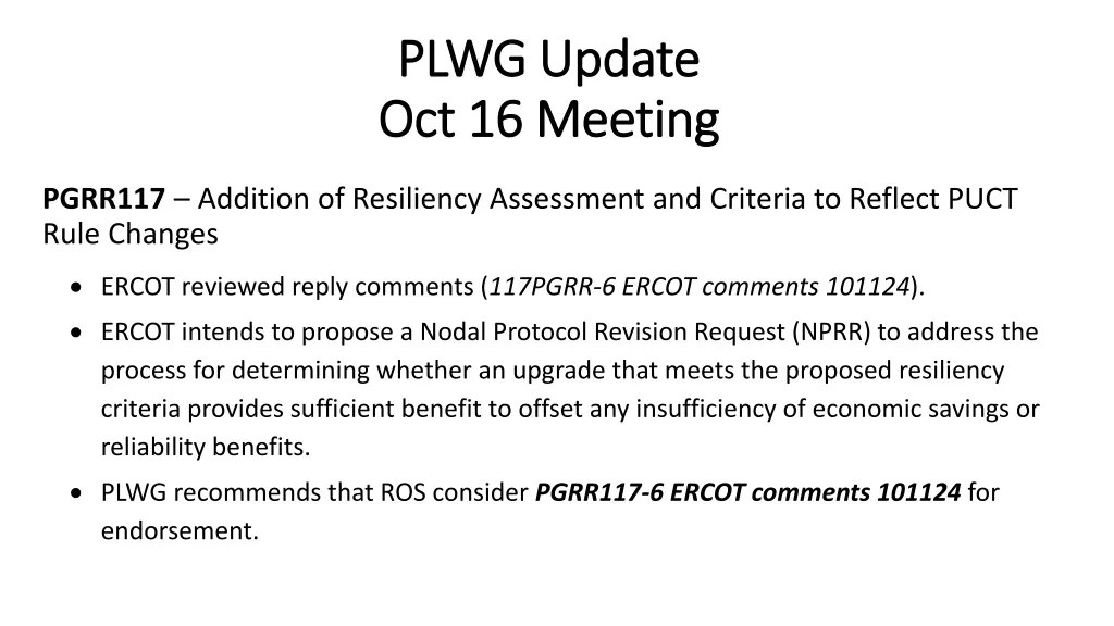 plwg update plwg update oct 16 meeting 1