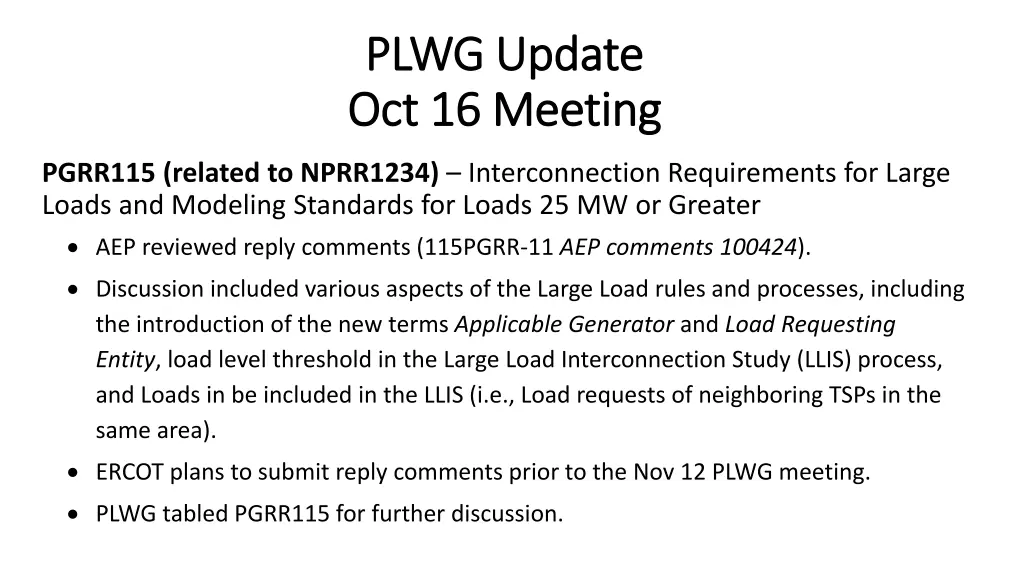 plwg update plwg update oct 16 meeting