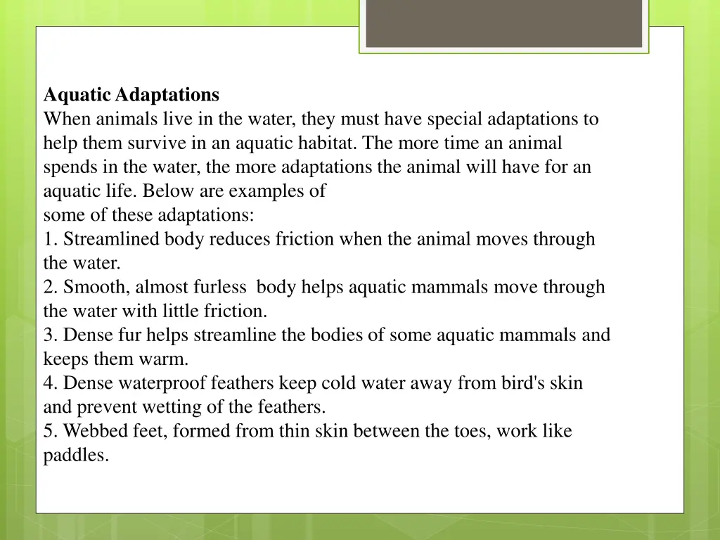 aquatic adaptations when animals live