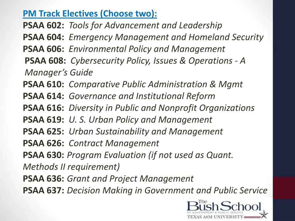 pm track electives choose two psaa 602 tools