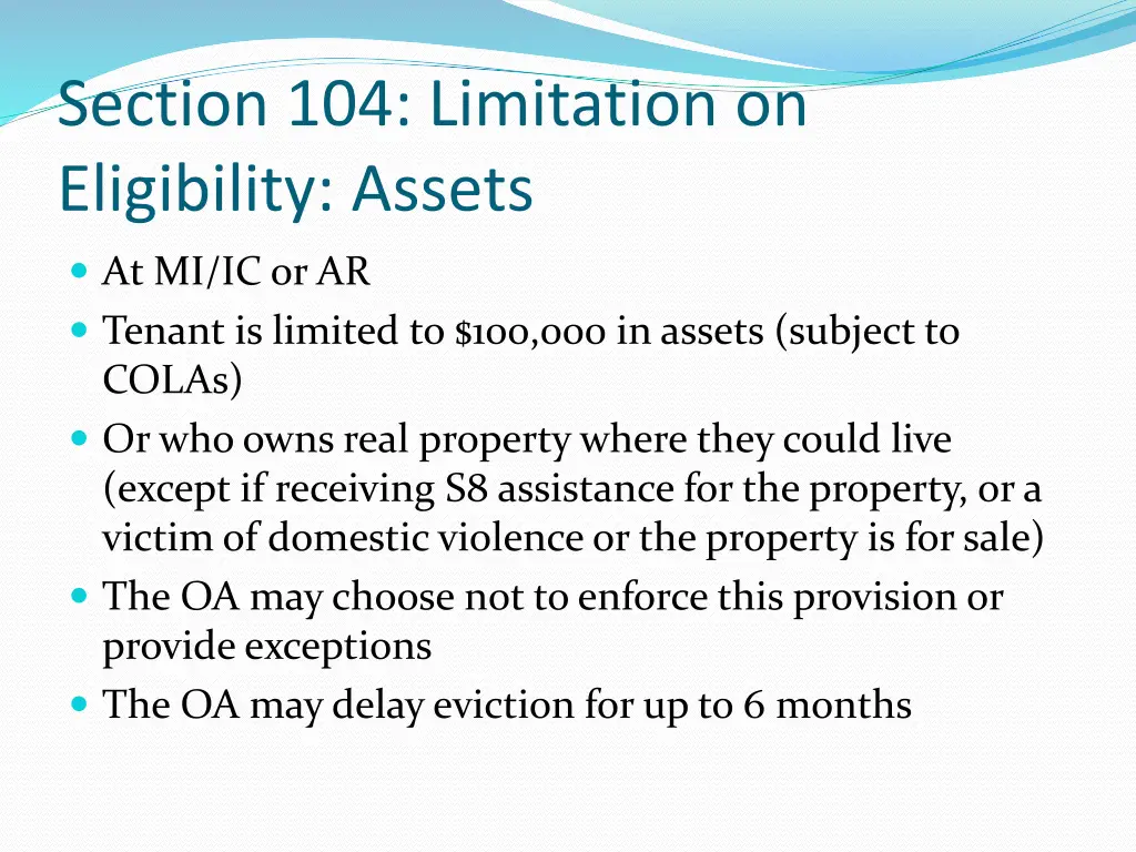 section 104 limitation on eligibility assets