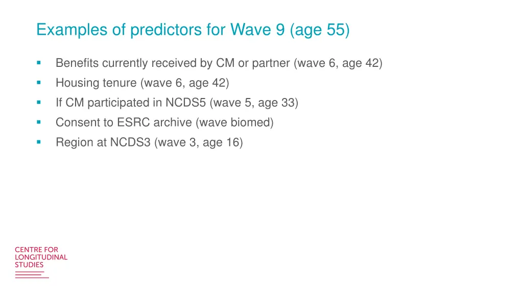 examples of predictors for wave 9 age 55