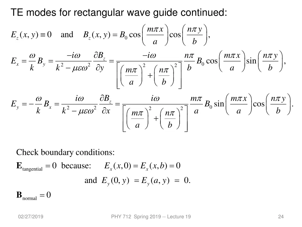 te modes for rectangular wave guide continued