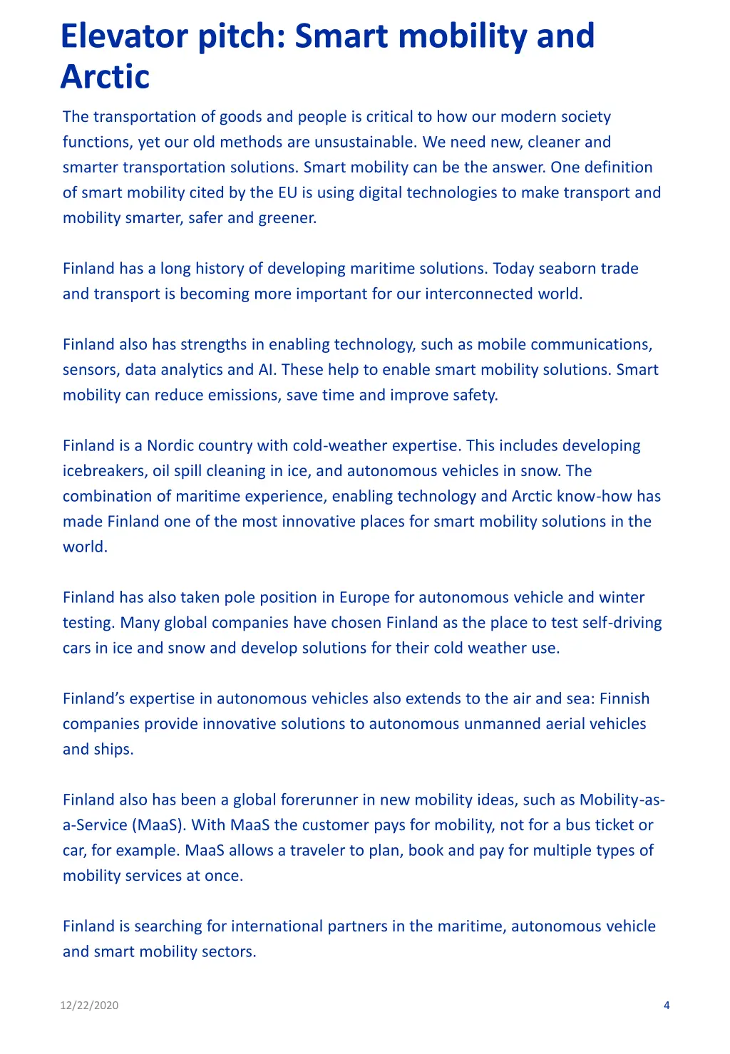elevator pitch smart mobility and arctic