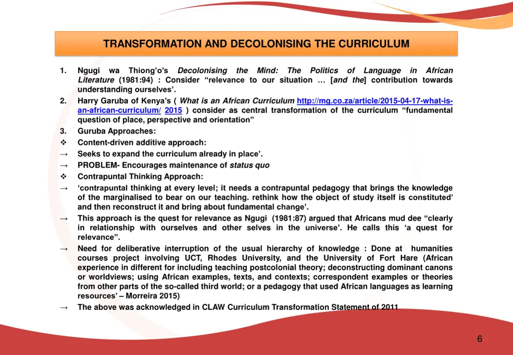 transformation and decolonising the curriculum