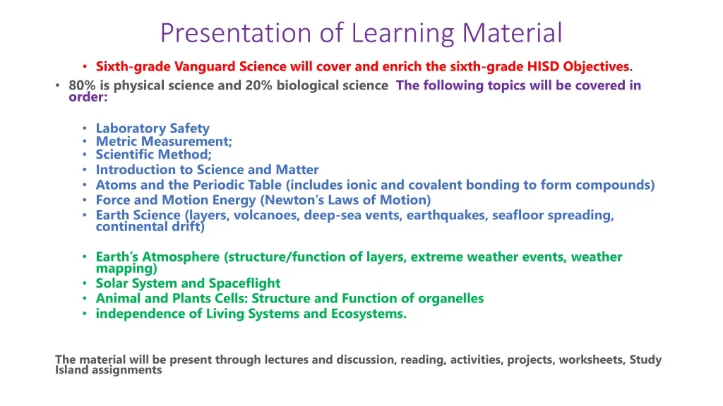 presentation of learning material