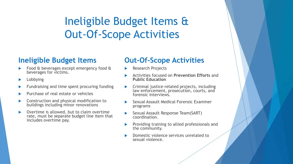ineligible budget items out of scope activities