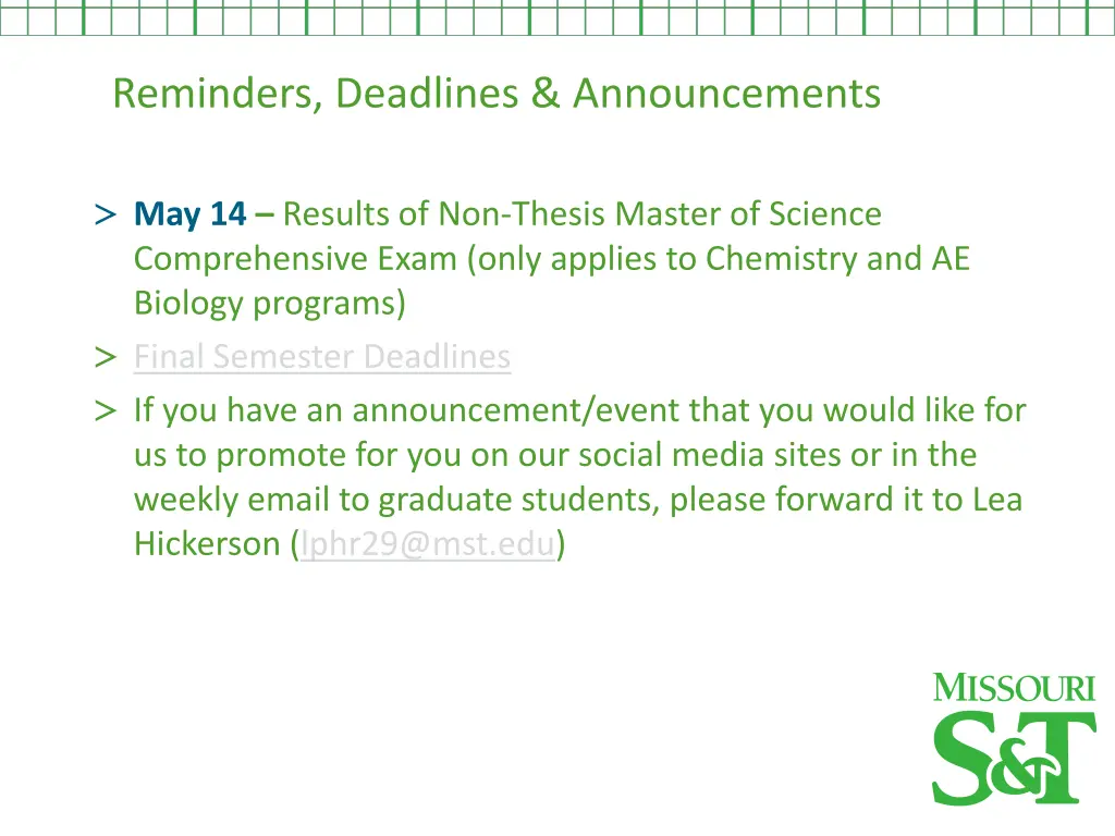 reminders deadlines announcements