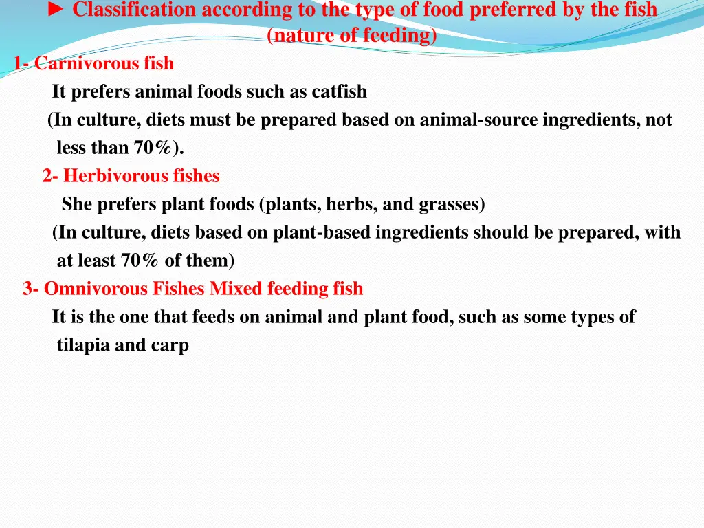 classification according to the type of food