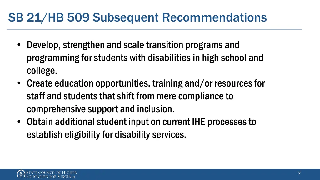 sb 21 hb 509 subsequent recommendations