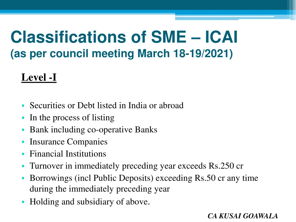 classifications of sme icai as per council