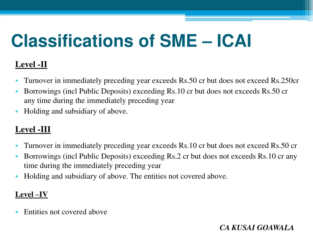 classifications of sme icai