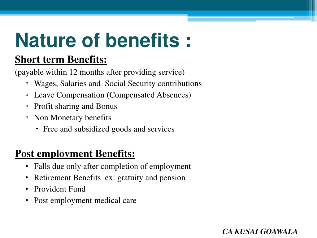 nature of benefits short term benefits payable